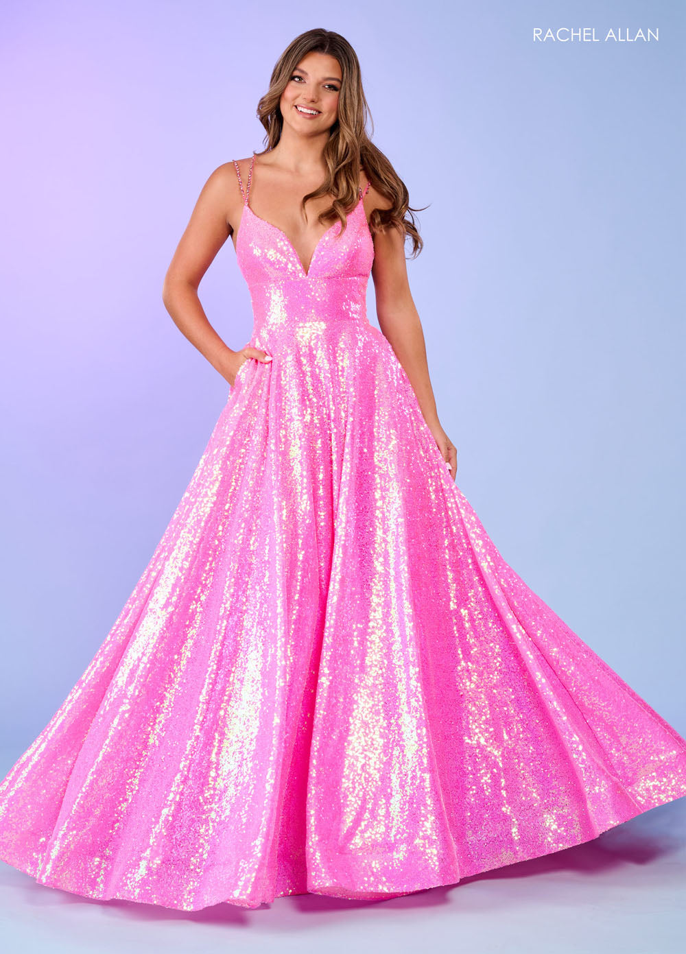 Rachel Allan 70130 prom dress images.  Rachel Allan 70130 is available in these colors: Hot Pink, Ocean Blue, Purple, Tangerine.