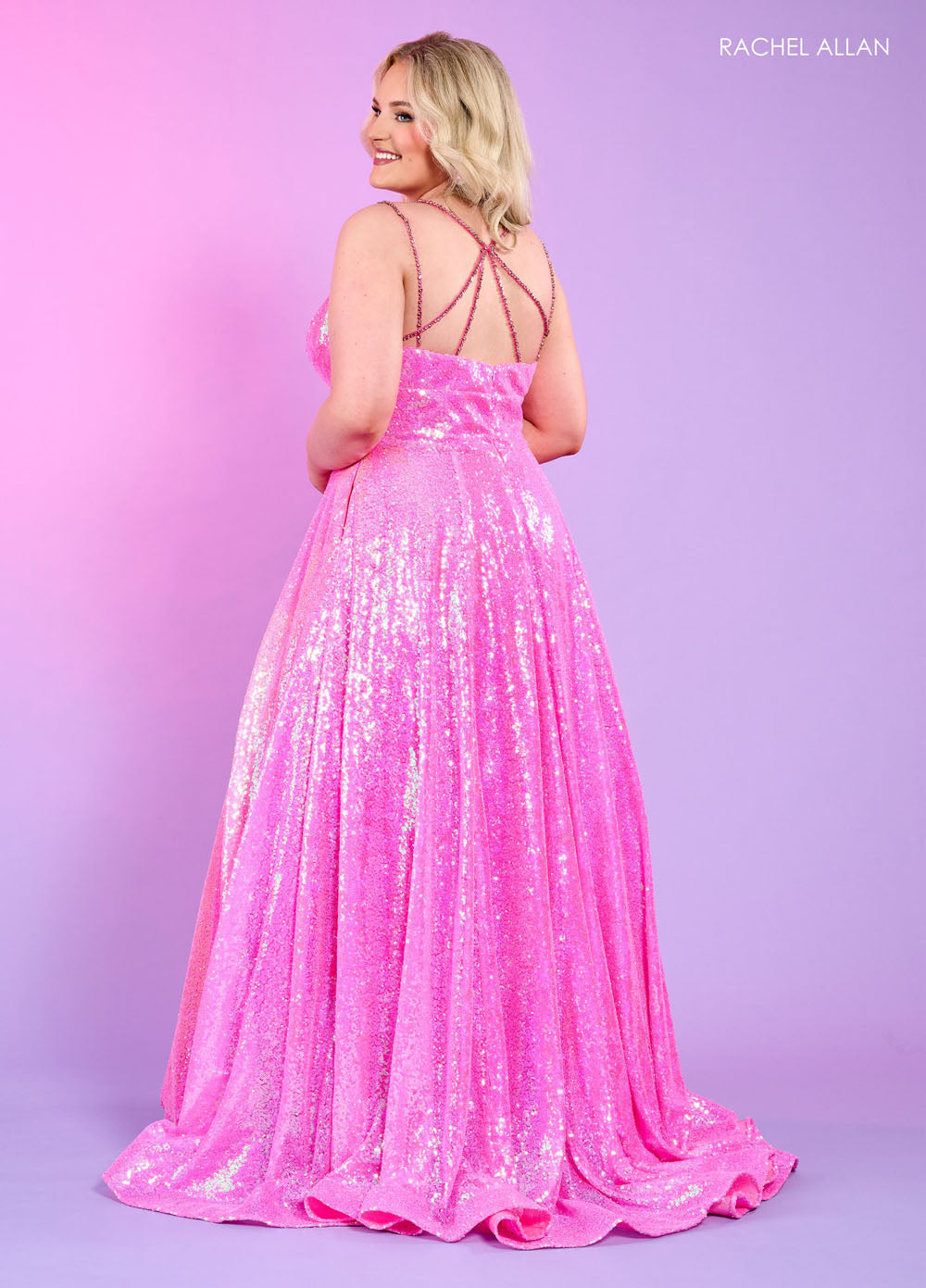 Rachel Allan 70130 prom dress images.  Rachel Allan 70130 is available in these colors: Hot Pink, Ocean Blue, Purple, Tangerine.