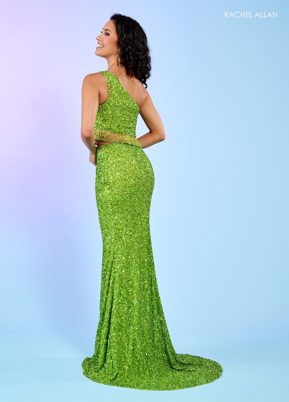 Rachel Allan 70186 prom dress images.  Rachel Allan 70186 is available in these colors: Emerald, Gold, Hot Pink, Lilac, Lime, Peacock, Periwinkle, Red, Tangerine.