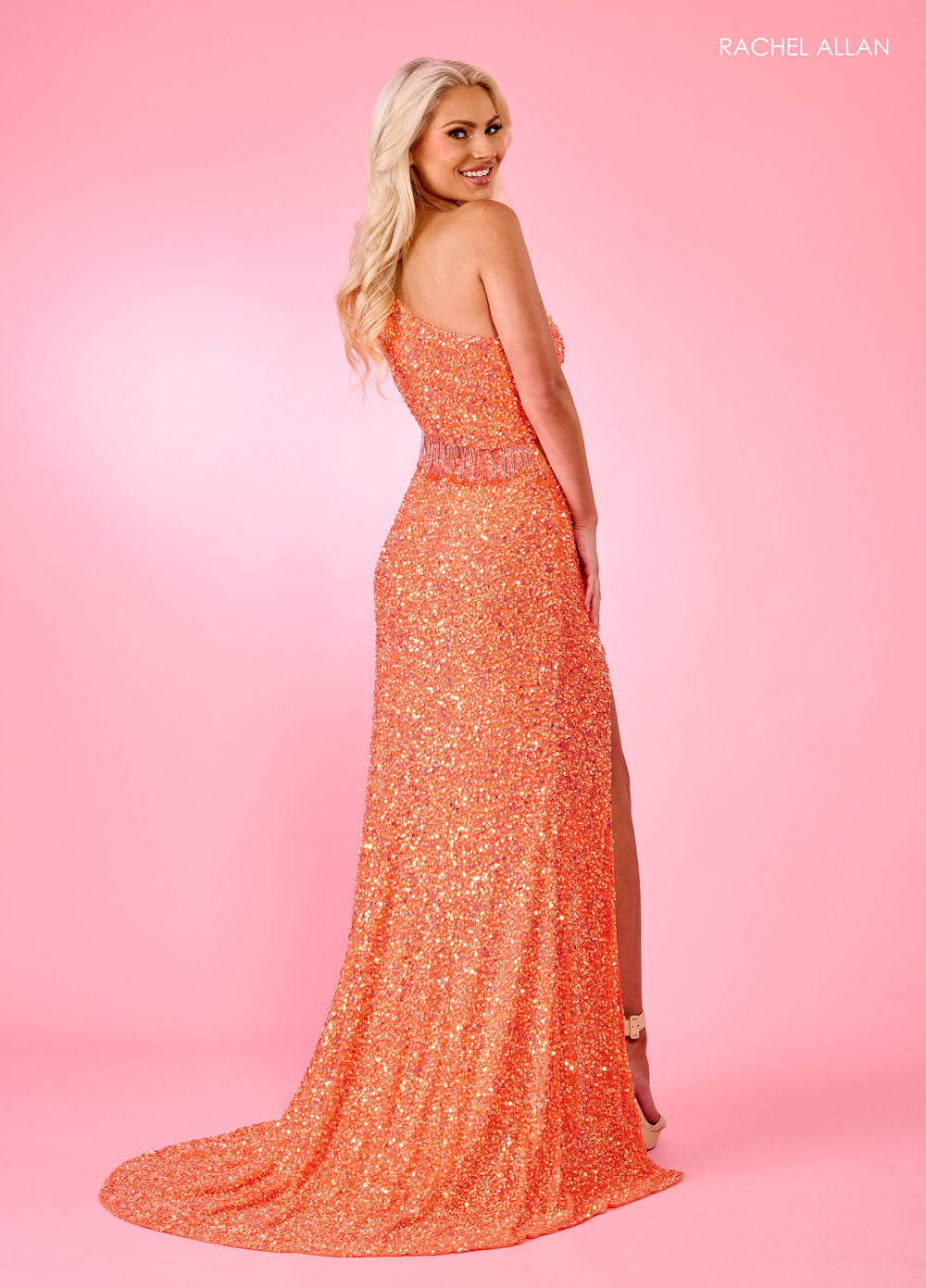 Rachel Allan 70186 prom dress images.  Rachel Allan 70186 is available in these colors: Emerald, Gold, Hot Pink, Lilac, Lime, Peacock, Periwinkle, Red, Tangerine.