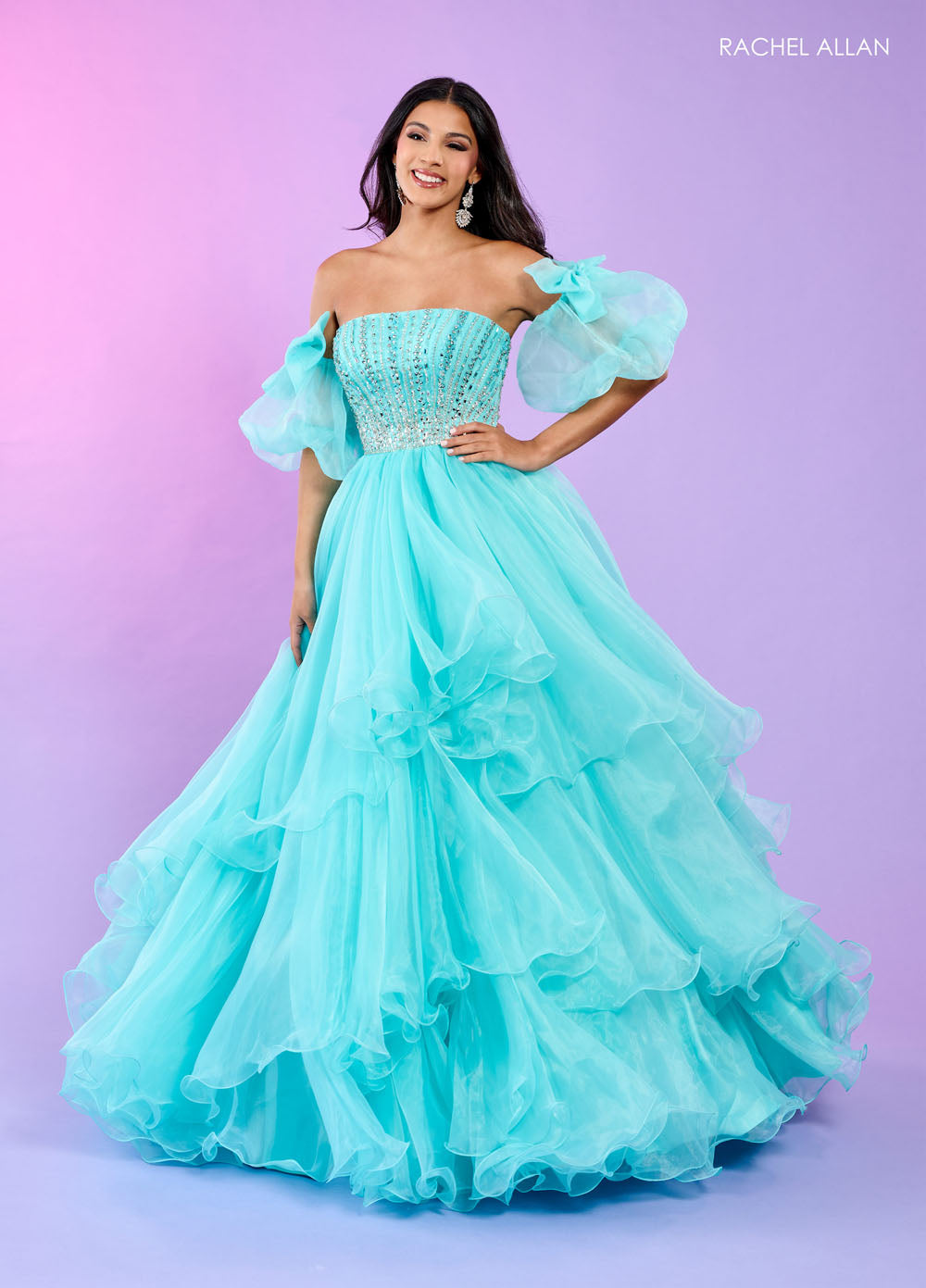 Rachel Allan 70570 prom dress images.  Rachel Allan 70570 is available in these colors: Aqua, Lilac, Pink.