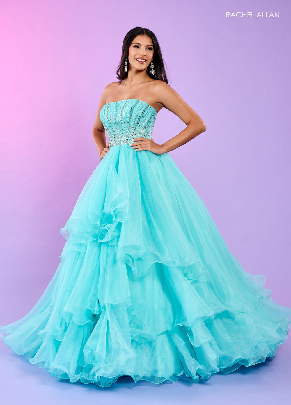 Rachel Allan 70570 prom dress images.  Rachel Allan 70570 is available in these colors: Aqua, Lilac, Pink.