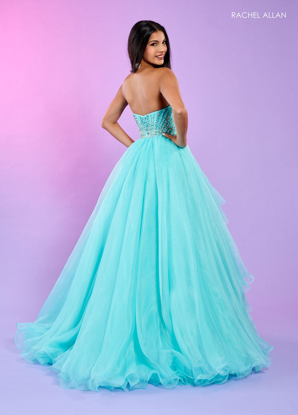 Rachel Allan 70570 prom dress images.  Rachel Allan 70570 is available in these colors: Aqua, Lilac, Pink.