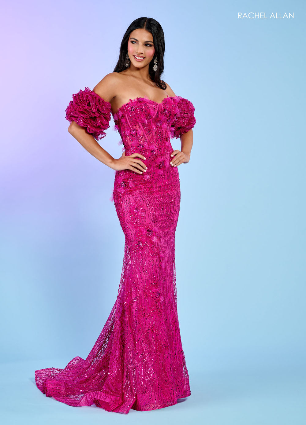 Rachel Allan 70580 prom dress images.  Rachel Allan 70580 is available in these colors: Fuchsia, Jade, Ocean Blue.