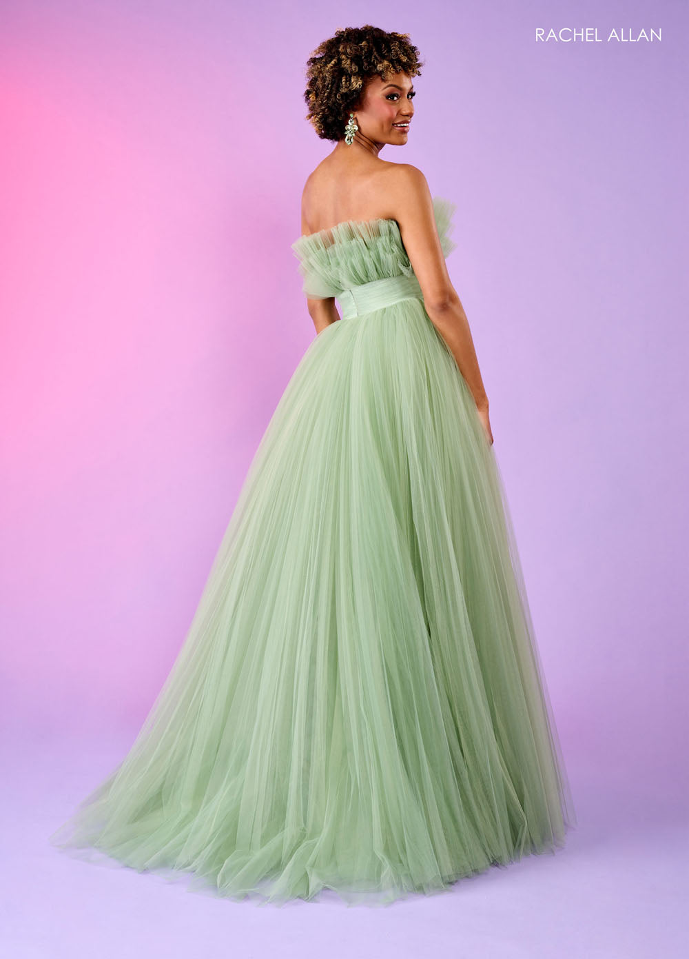 Rachel Allan 70583 prom dress images.  Rachel Allan 70583 is available in these colors: Bright Coral, Light Blue, Pink, Sage.