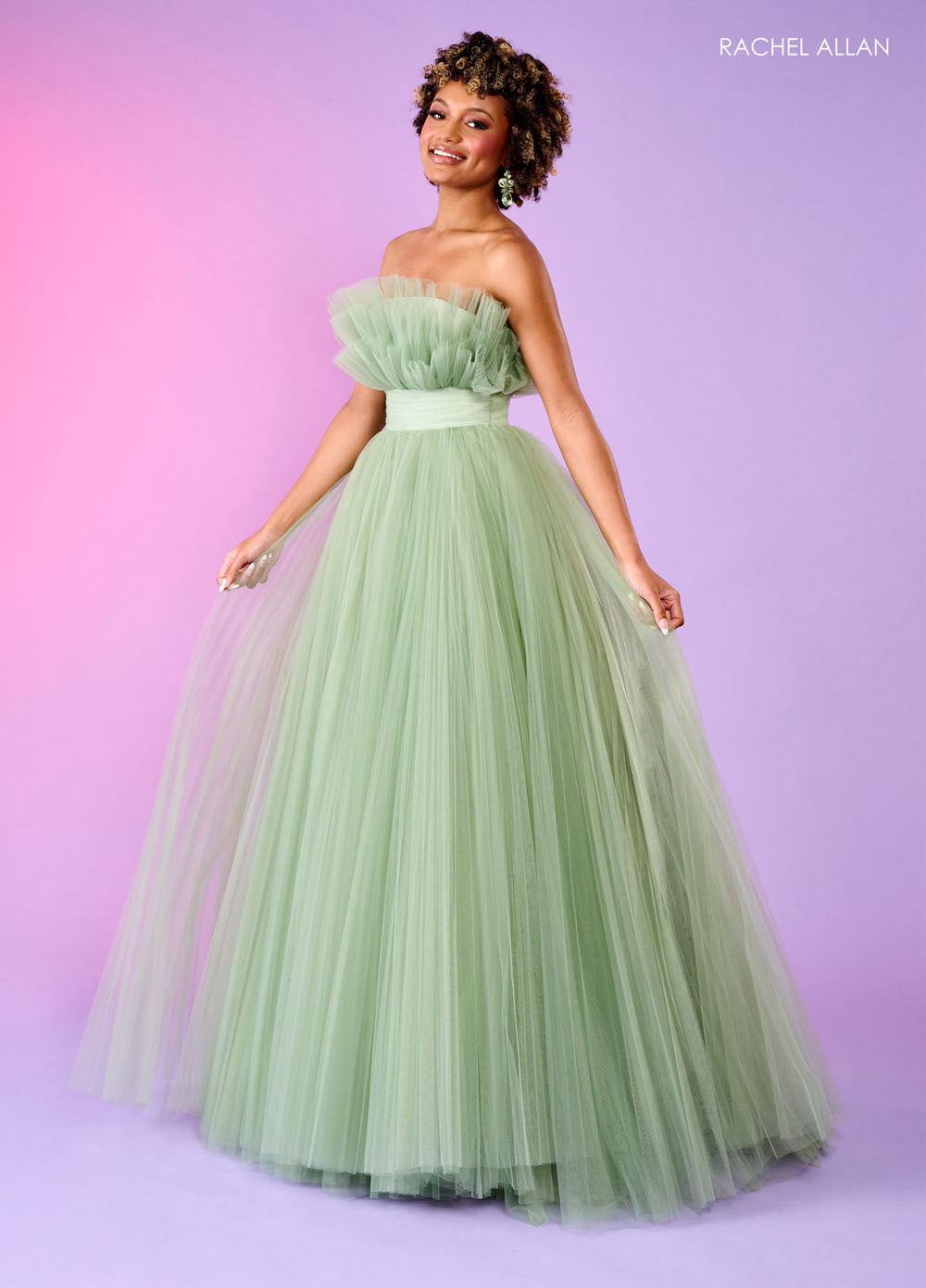 Rachel Allan 70583 prom dress images.  Rachel Allan 70583 is available in these colors: Bright Coral, Light Blue, Pink, Sage.