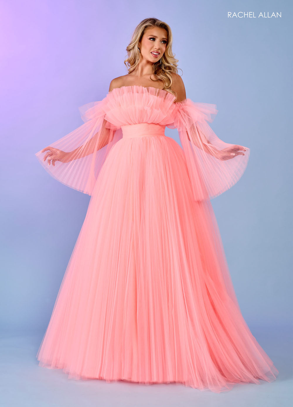 Rachel Allan 70583 prom dress images.  Rachel Allan 70583 is available in these colors: Bright Coral, Light Blue, Pink, Sage.