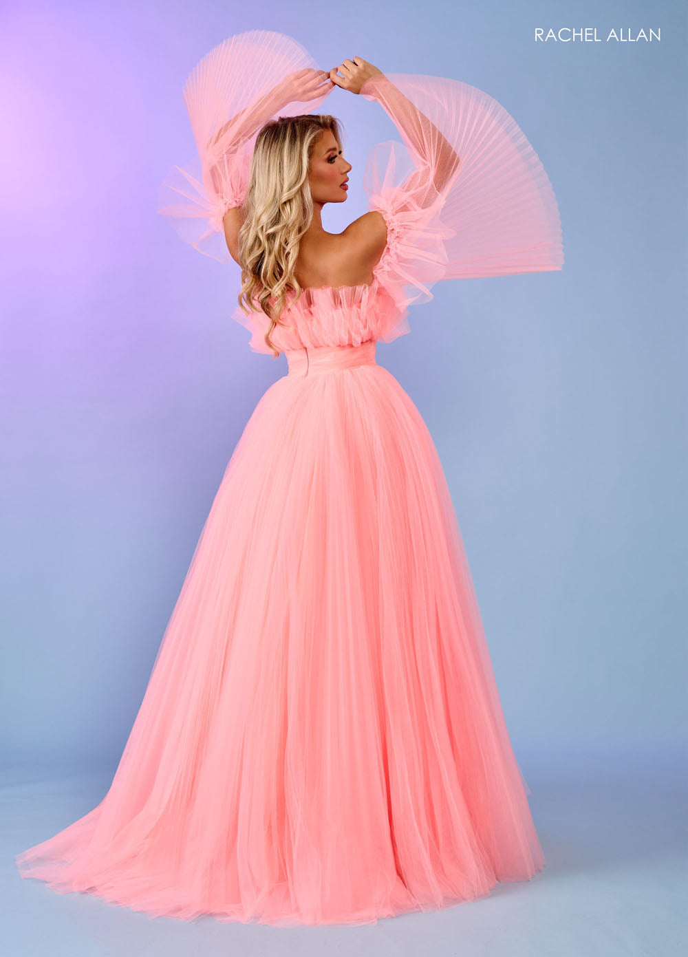 Rachel Allan 70583 prom dress images.  Rachel Allan 70583 is available in these colors: Bright Coral, Light Blue, Pink, Sage.