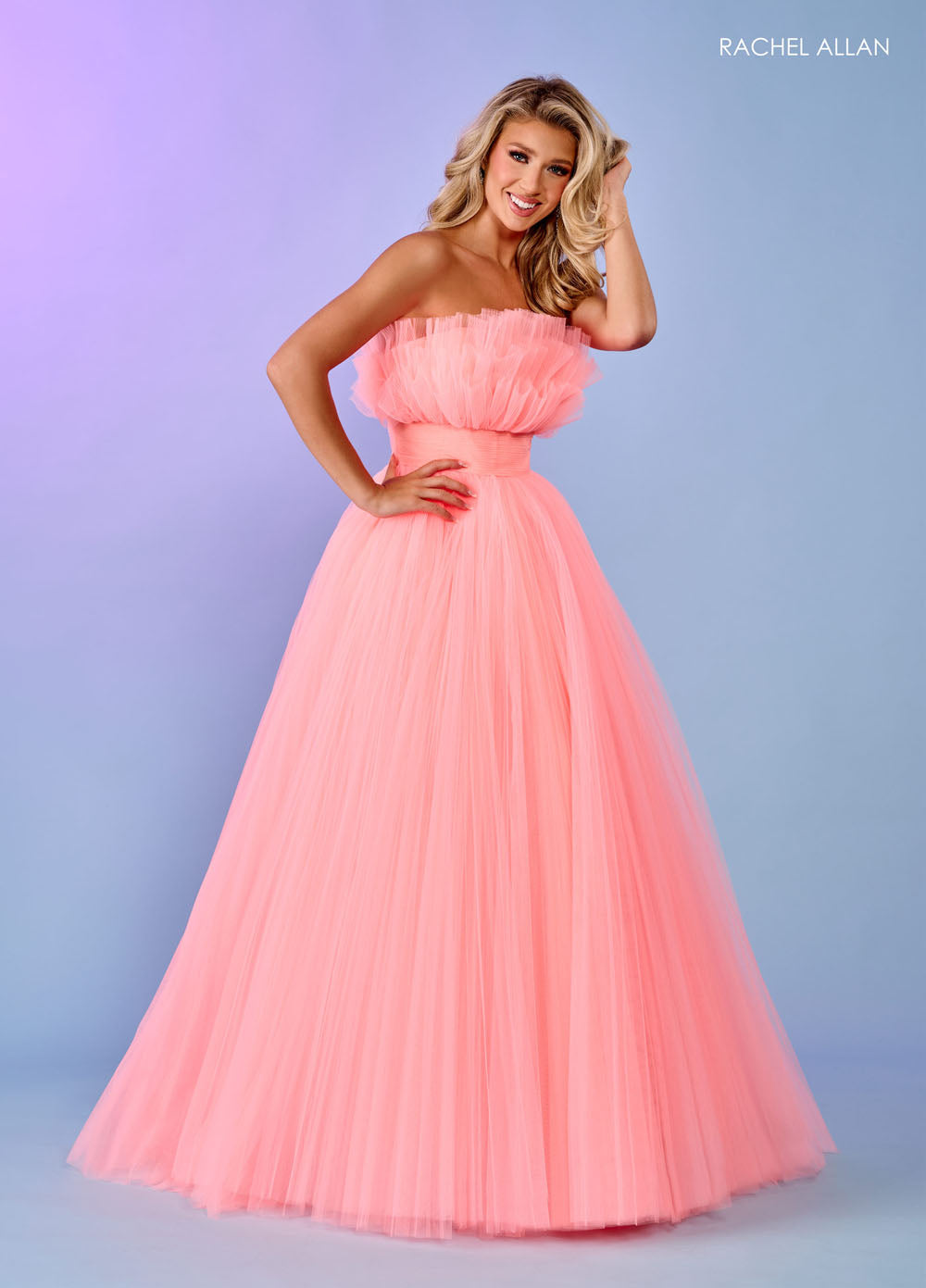 Rachel Allan 70583 prom dress images.  Rachel Allan 70583 is available in these colors: Bright Coral, Light Blue, Pink, Sage.