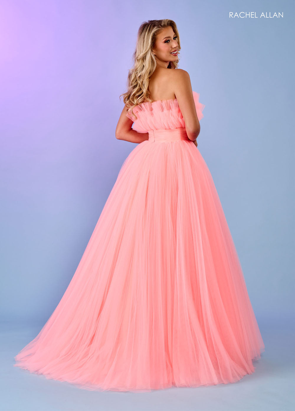 Rachel Allan 70583 prom dress images.  Rachel Allan 70583 is available in these colors: Bright Coral, Light Blue, Pink, Sage.