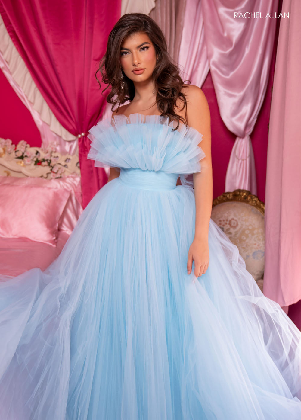 Rachel Allan 70583 prom dress images.  Rachel Allan 70583 is available in these colors: Bright Coral, Light Blue, Pink, Sage.