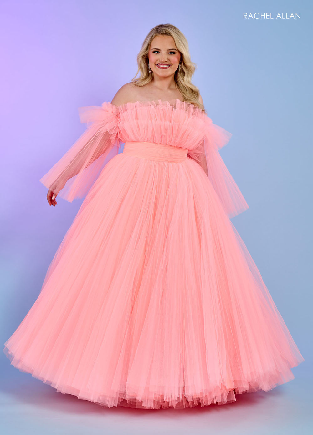 Rachel Allan 70583 prom dress images.  Rachel Allan 70583 is available in these colors: Bright Coral, Light Blue, Pink, Sage.