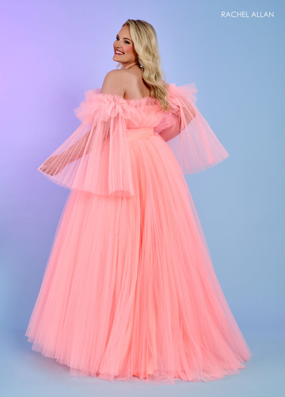 Rachel Allan 70583 prom dress images.  Rachel Allan 70583 is available in these colors: Bright Coral, Light Blue, Pink, Sage.