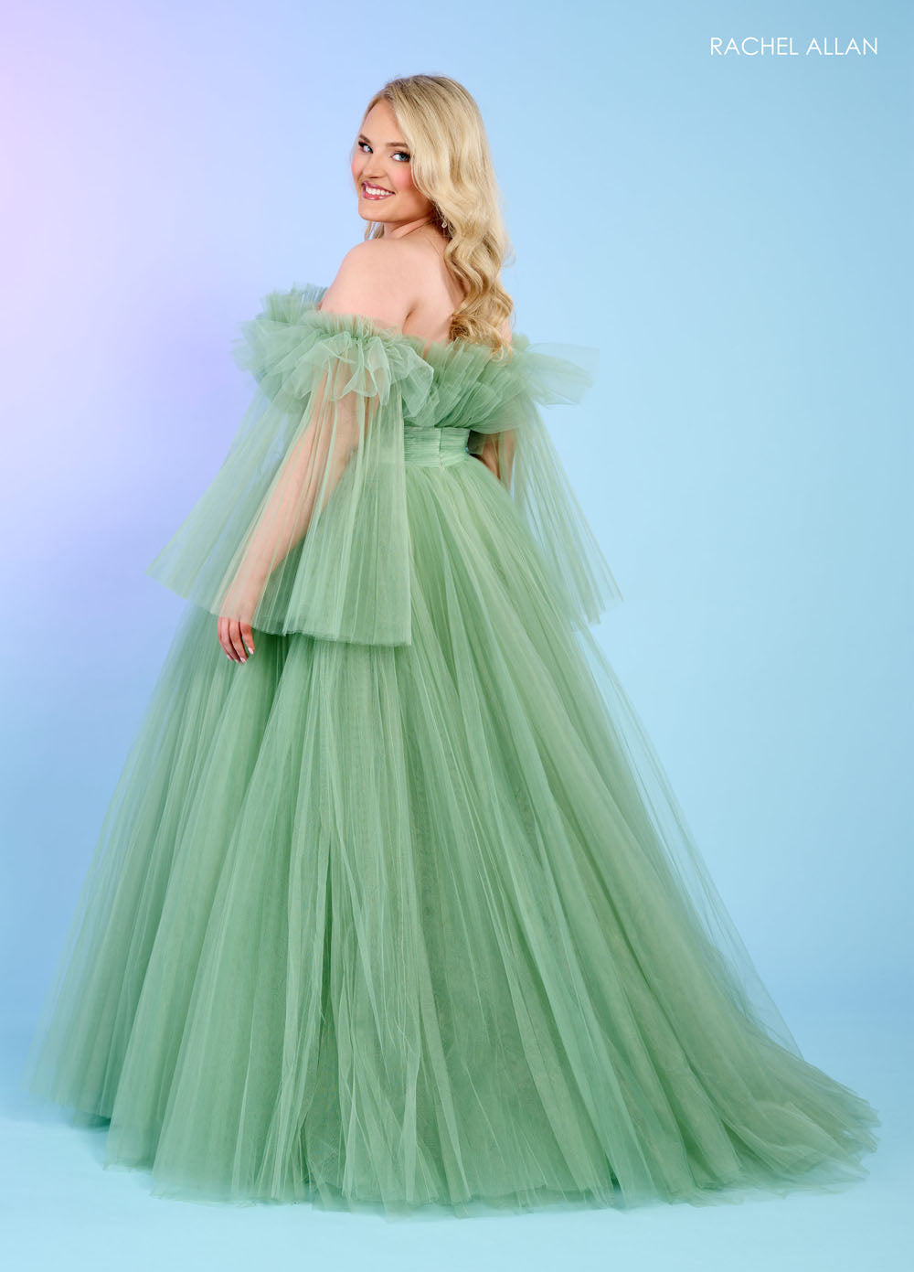 Rachel Allan 70583 prom dress images.  Rachel Allan 70583 is available in these colors: Bright Coral, Light Blue, Pink, Sage.