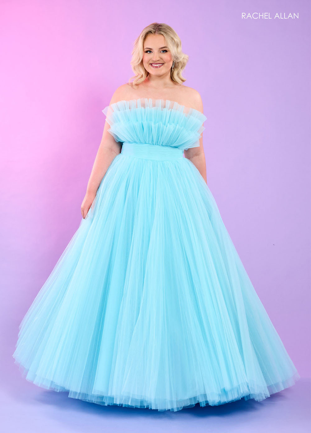 Rachel Allan 70583 prom dress images.  Rachel Allan 70583 is available in these colors: Bright Coral, Light Blue, Pink, Sage.