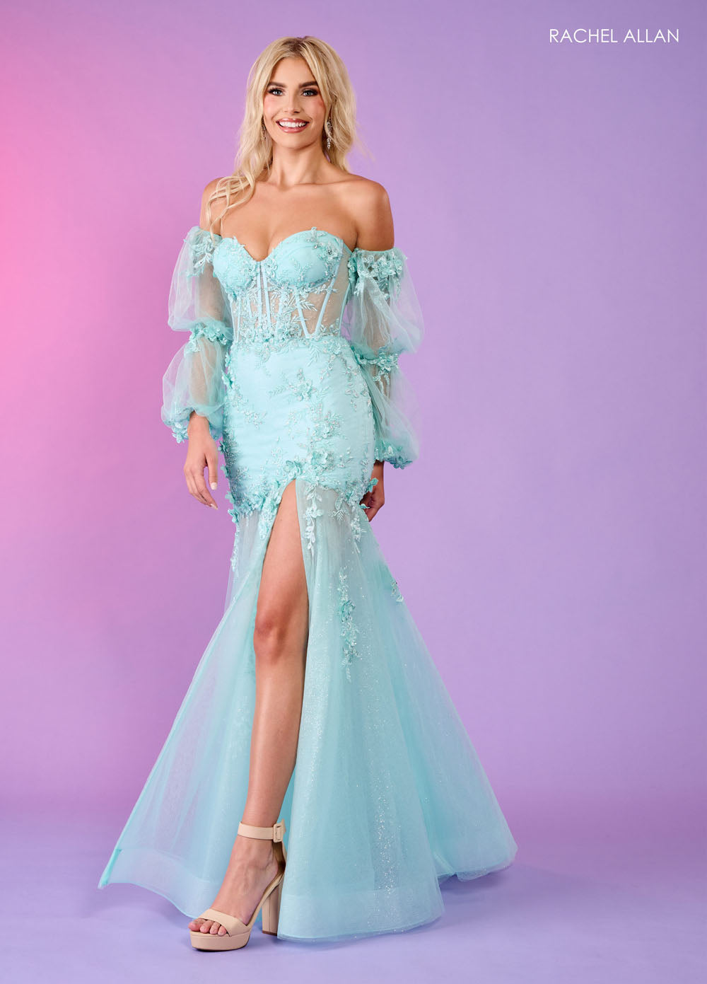 Rachel Allan 70588 prom dress images.  Rachel Allan 70588 is available in these colors: Aqua, Lilac, Pink, Sage.