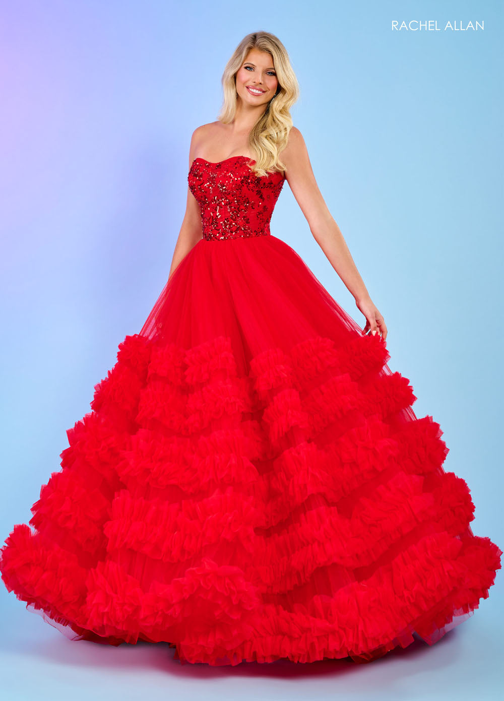 Rachel Allan 70621 prom dress images.  Rachel Allan 70621 is available in these colors: Light Blue, Pink, Red.