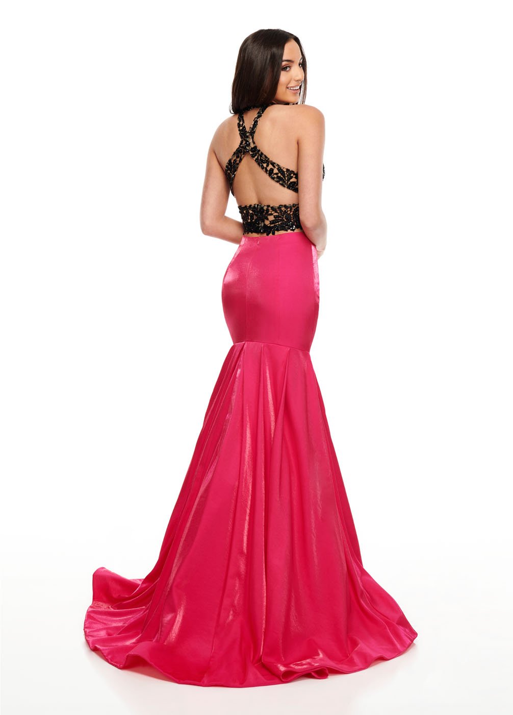 Rachel Allan 7151 prom dress images.  Rachel Allan 7151 is available in these colors: Black Fuchsia, Black White, Red.