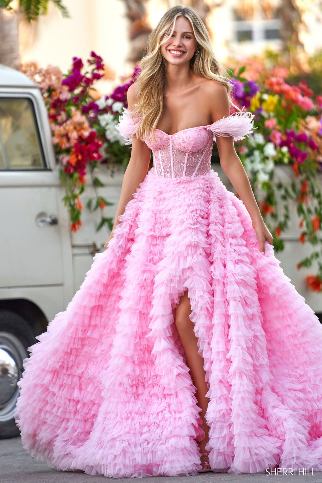 Custom Couture Girls Hot Pink Hi Low Pageant Gown With Crystal Belt