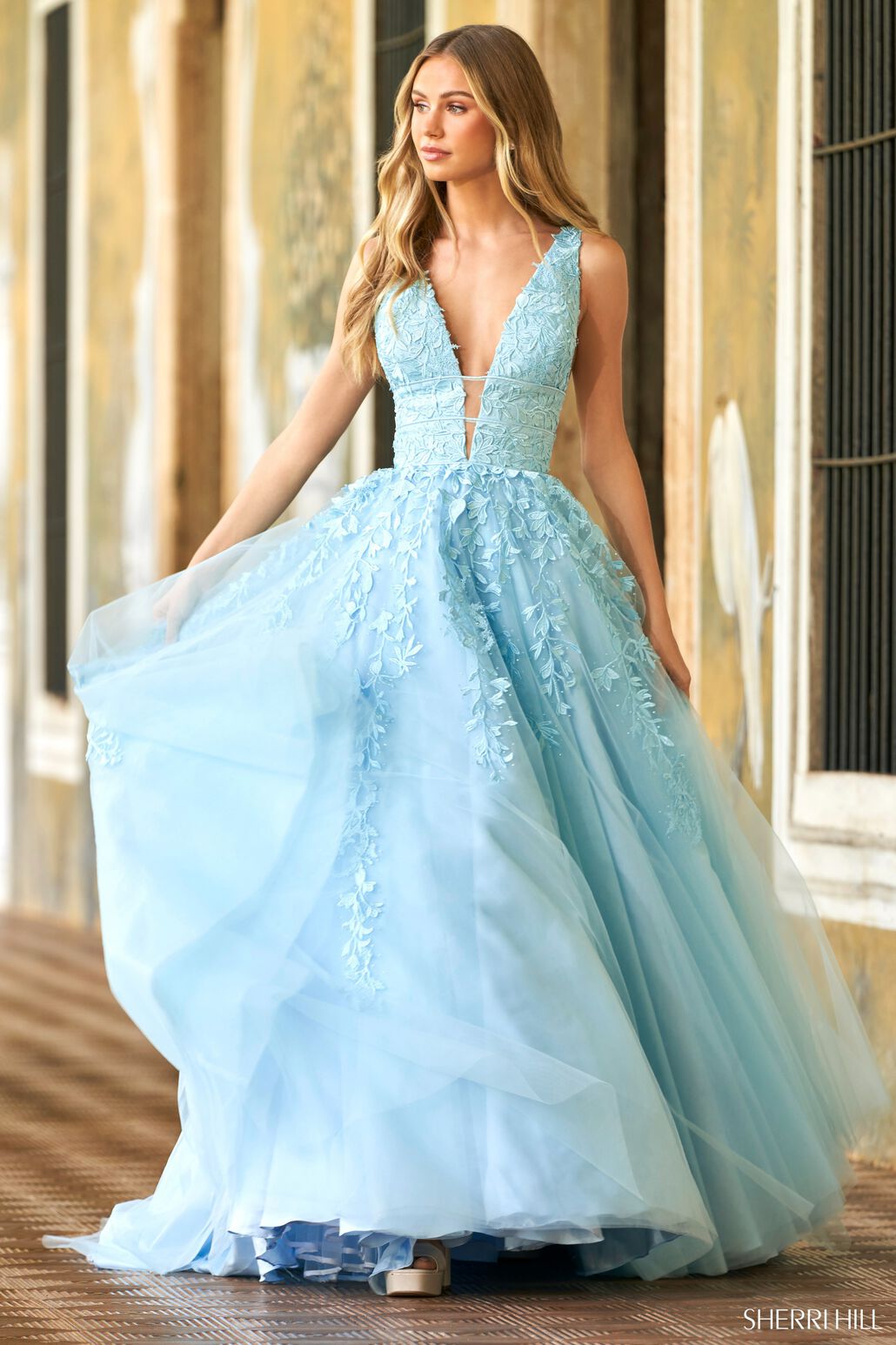 Sherri Hill 54937 prom dress images.  Sherri Hill 54937 is available in these colors: Blush, Red, Ivory, Ivory Nude, Bright Pink, Light Blue.