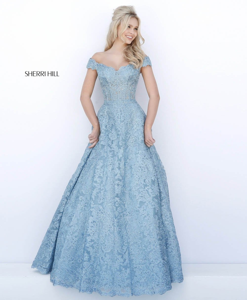 Sherri Hill 51573 prom dress images.  Sherri Hill 51573 is available in these colors: Gold, Light Blue, Silver, Black, Ivory.