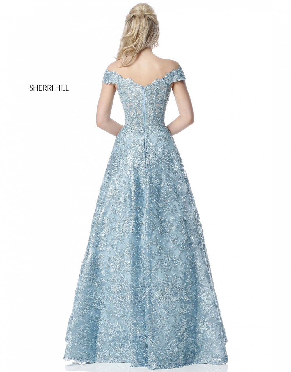 Sherri Hill 51573 prom dress images.  Sherri Hill 51573 is available in these colors: Gold, Light Blue, Silver, Black, Ivory.