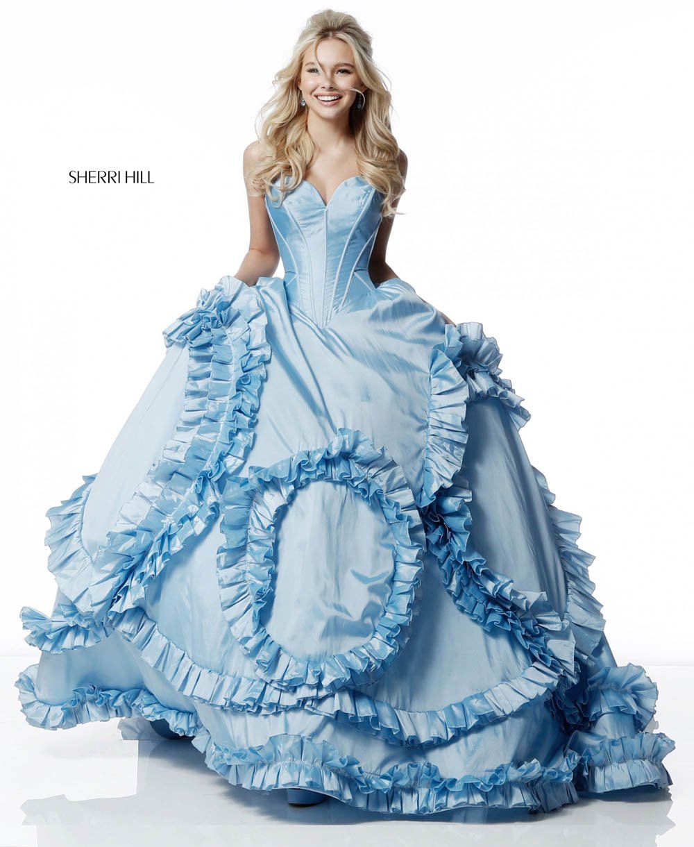 Sherri Hill 51578 prom dress images.  Sherri Hill 51578 is available in these colors: Light Blue, Blush, Black, Red, Pink, Ivory, Fuchsia, Yellow.