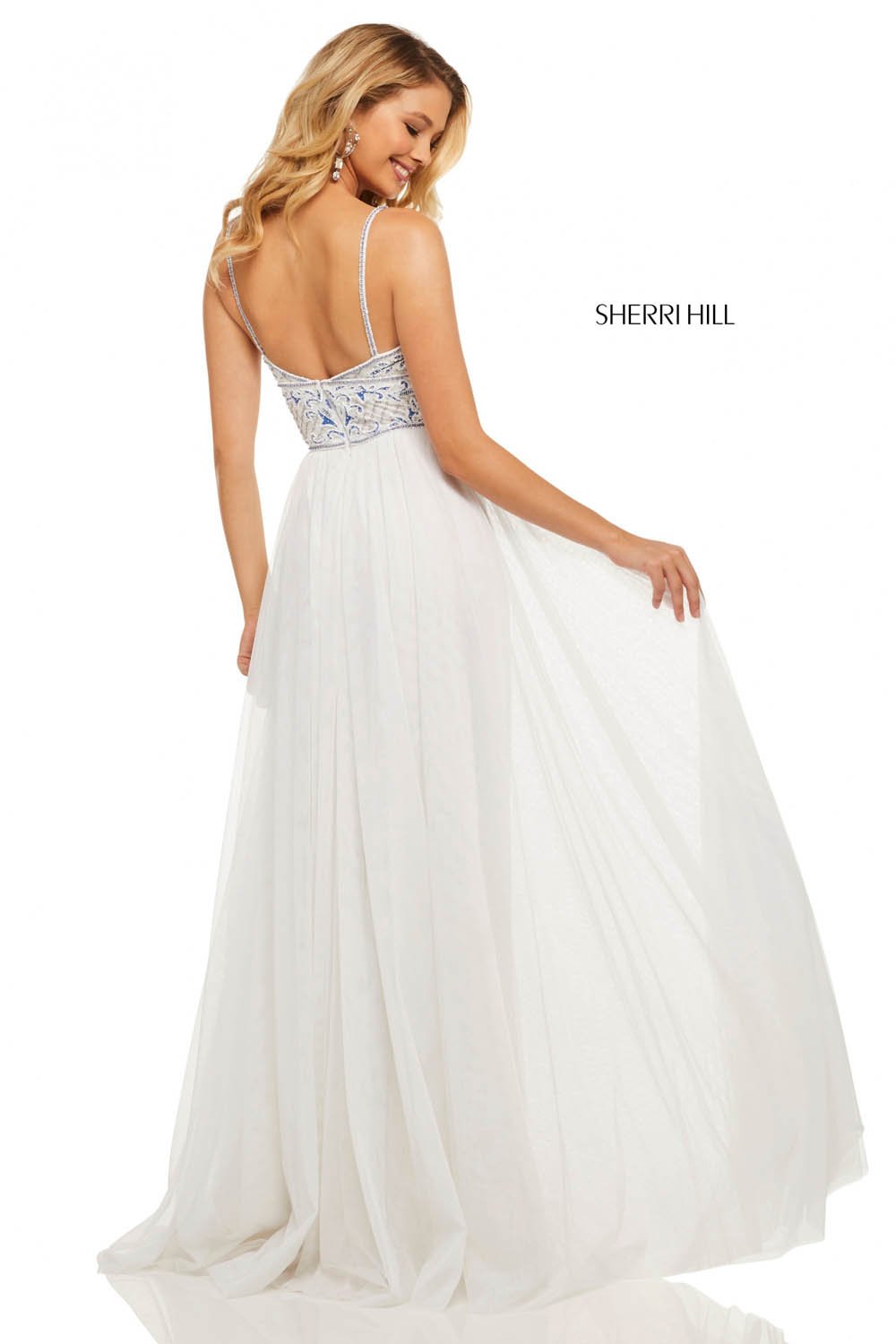 Sherri Hill 52450 prom dress images.  Sherri Hill 52450 is available in these colors: Ivory Blue, Nude Aqua.