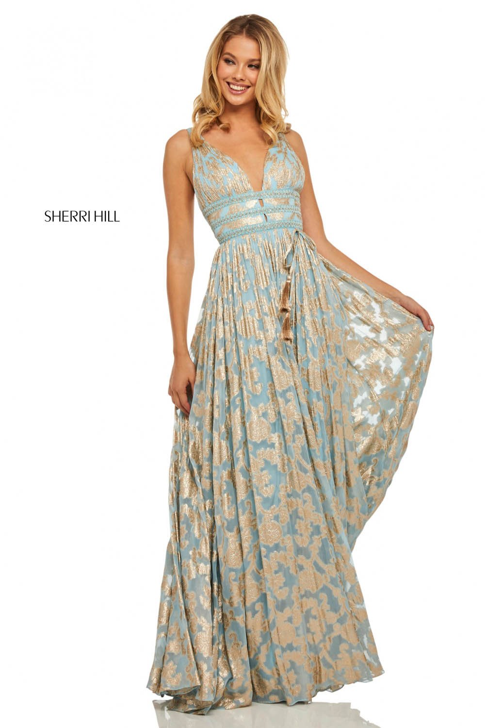 Sherri Hill 52474 prom dress images.  Sherri Hill 52474 is available in these colors: Ivory Gold, Black Gold, Coral Gold, Light Blue Gold.