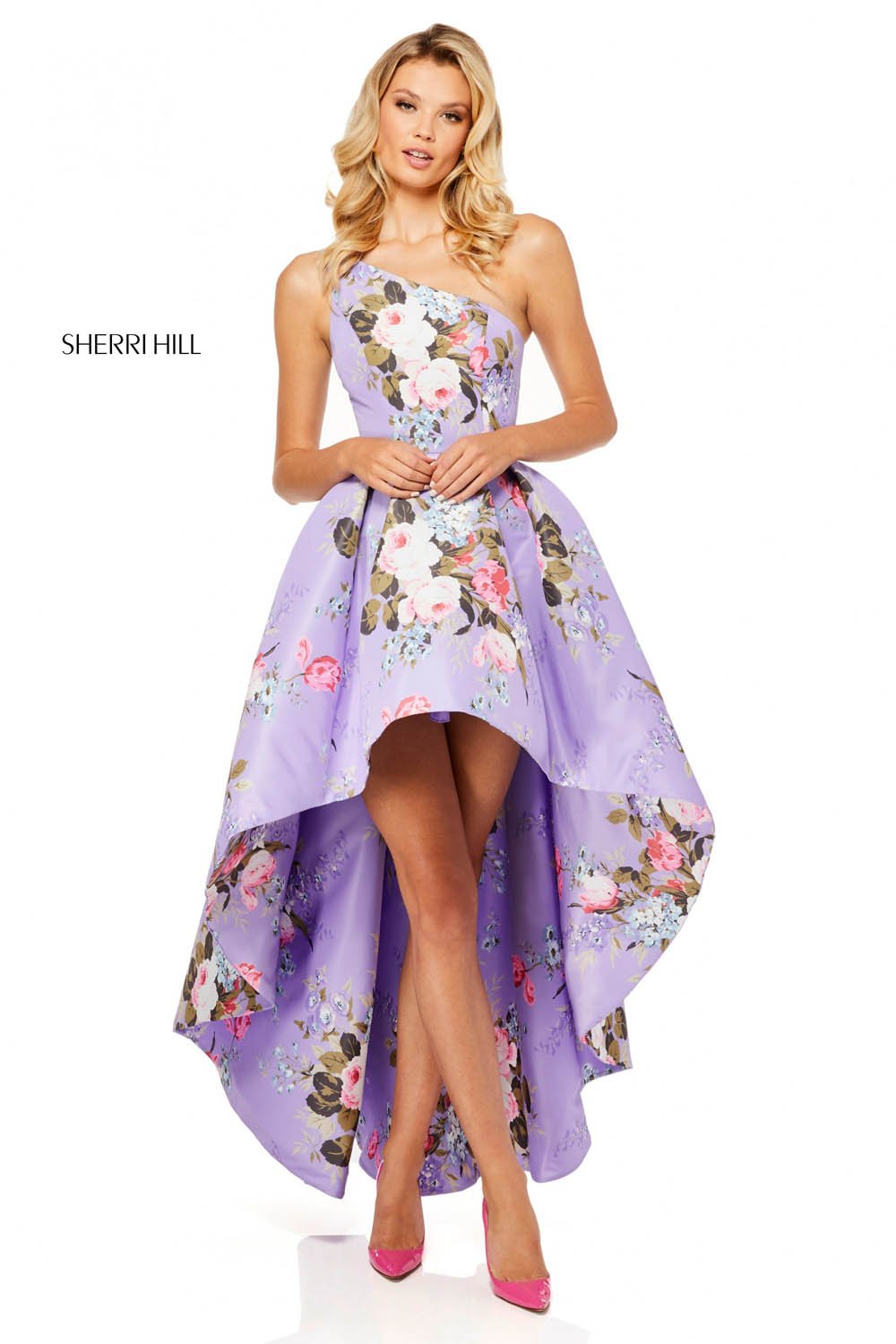 Sherri Hill 52489 prom dress images.  Sherri Hill 52489 is available in these colors: Light Blue Print, Yellow Print, Ivory Print, Lilac Print, Light Yellow Print.