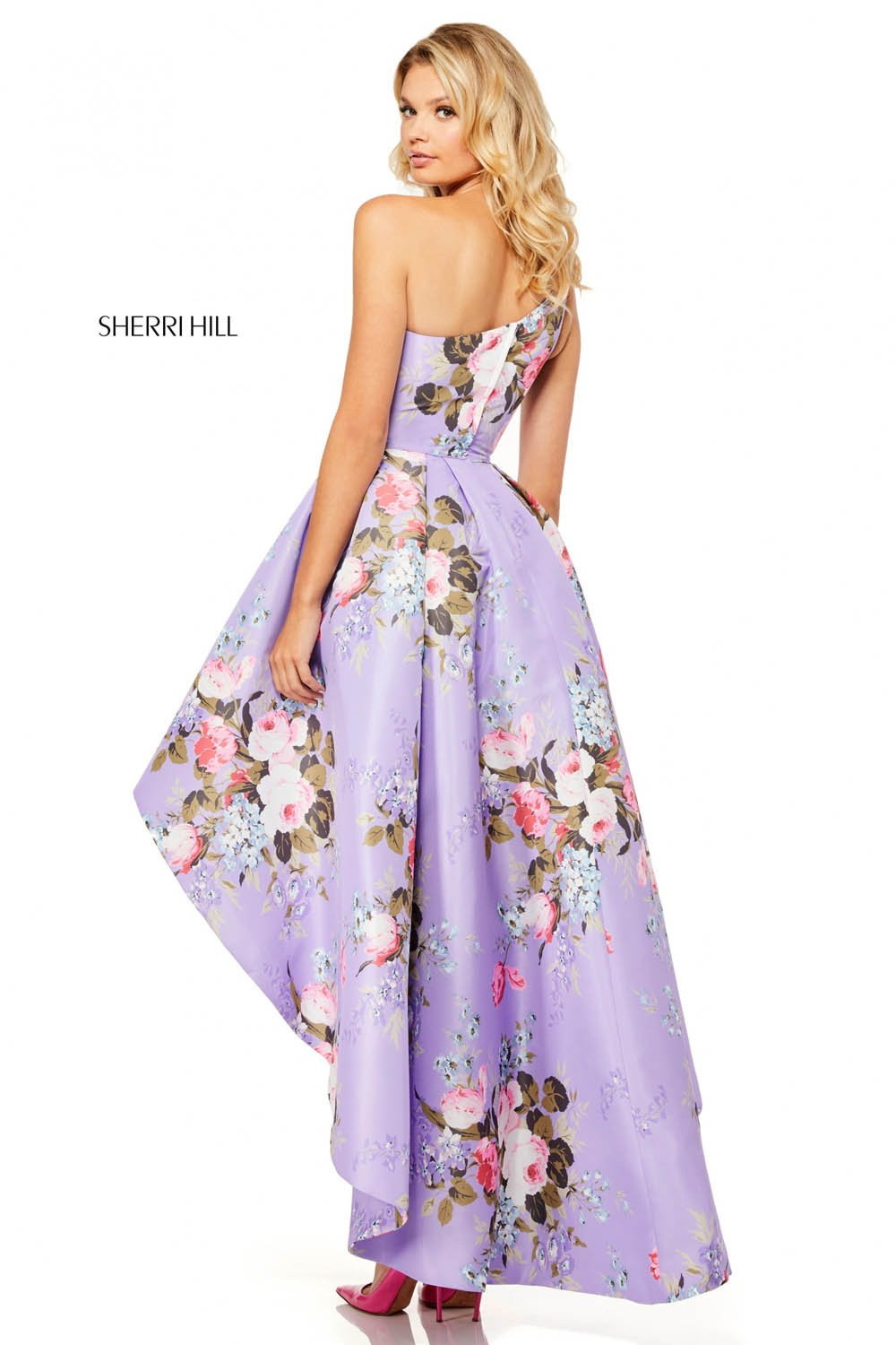 Sherri Hill 52489 prom dress images.  Sherri Hill 52489 is available in these colors: Light Blue Print, Yellow Print, Ivory Print, Lilac Print, Light Yellow Print.