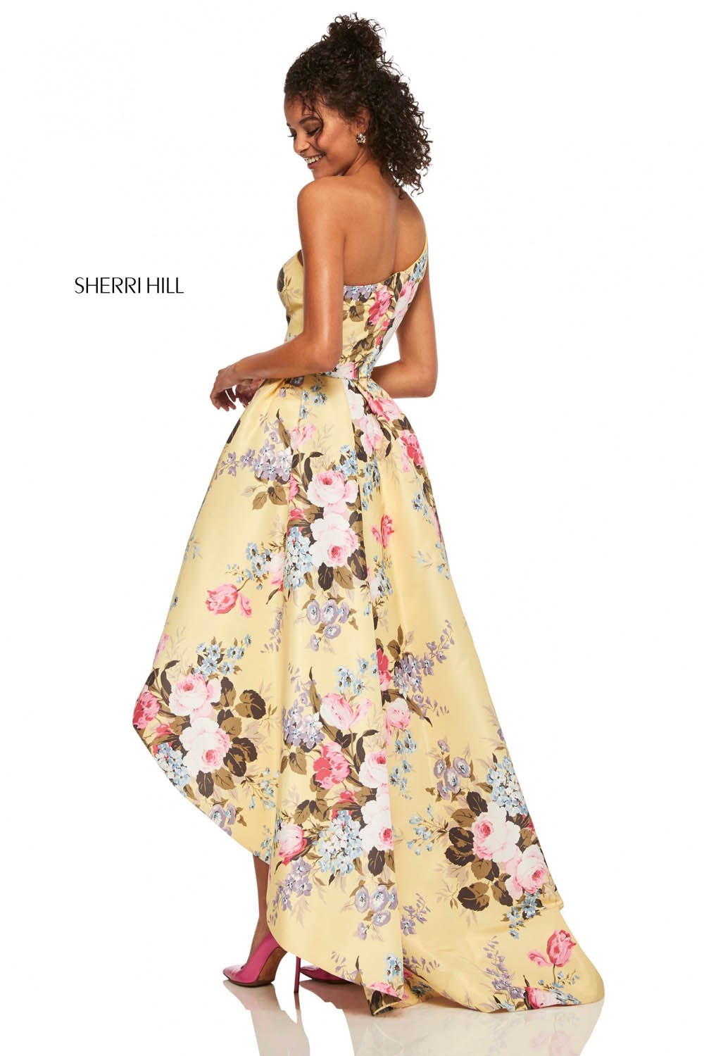 Sherri Hill 52489 prom dress images.  Sherri Hill 52489 is available in these colors: Light Blue Print, Yellow Print, Ivory Print, Lilac Print, Light Yellow Print.