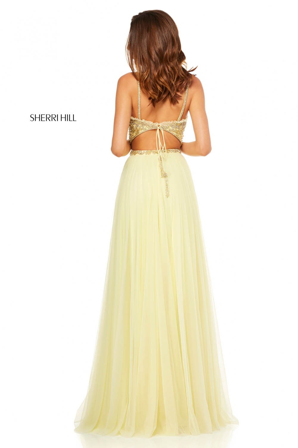 Sherri Hill 52516 prom dress images.  Sherri Hill 52516 is available in these colors: Light Yellow, Light Pink, Navy, Ivory, Black, Aqua, Light Blue, Lilac, Coral.