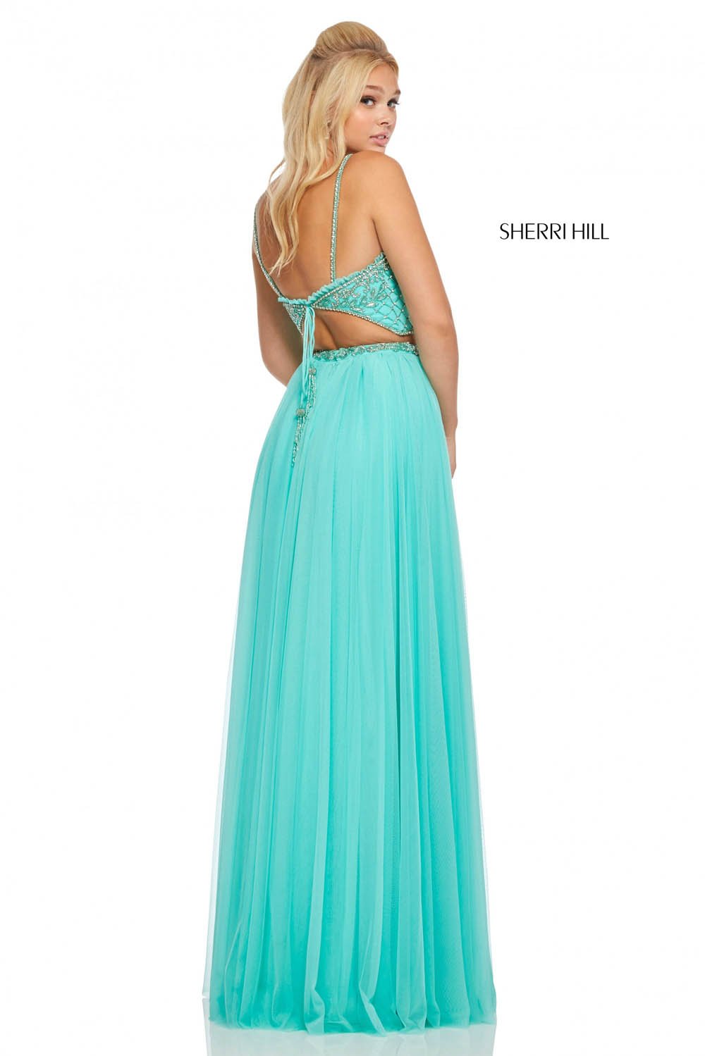 Sherri Hill 52516 prom dress images.  Sherri Hill 52516 is available in these colors: Light Yellow, Light Pink, Navy, Ivory, Black, Aqua, Light Blue, Lilac, Coral.