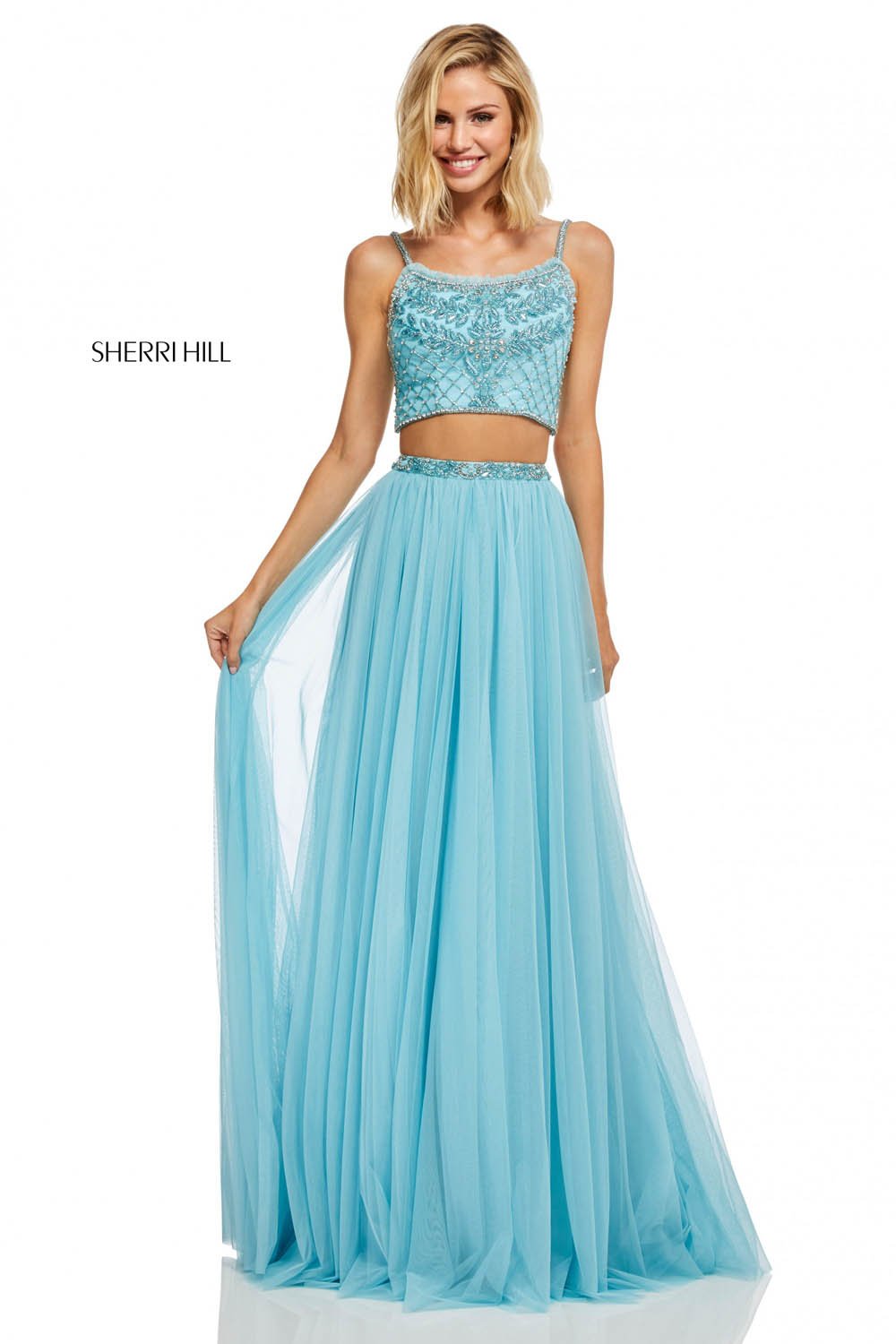 Sherri Hill 52516 prom dress images.  Sherri Hill 52516 is available in these colors: Light Yellow, Light Pink, Navy, Ivory, Black, Aqua, Light Blue, Lilac, Coral.