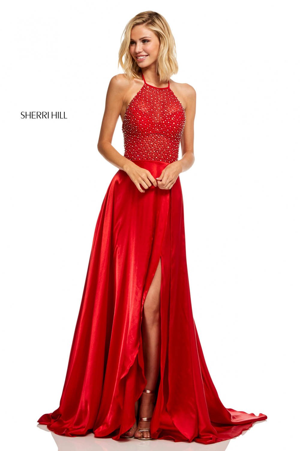 Sherri Hill 52570 prom dress images.  Sherri Hill 52570 is available in these colors: Mocha, Turquoise, Red.