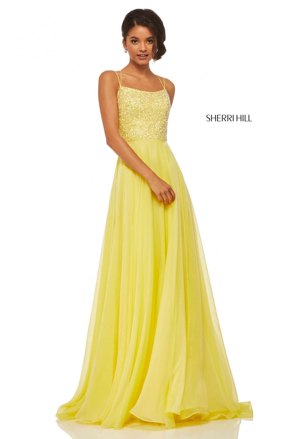 Sherri Hill 52591 prom dress images.  Sherri Hill 52591 is available in these colors: Blue, Periwinkle, Yellow, Light Green, Pink, Nude.