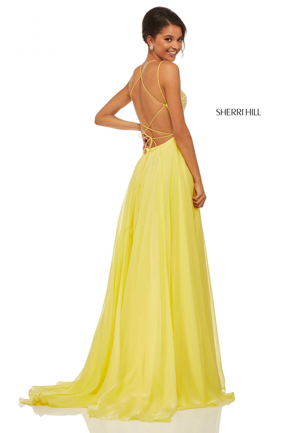 Sherri Hill 52591 prom dress images.  Sherri Hill 52591 is available in these colors: Blue, Periwinkle, Yellow, Light Green, Pink, Nude.