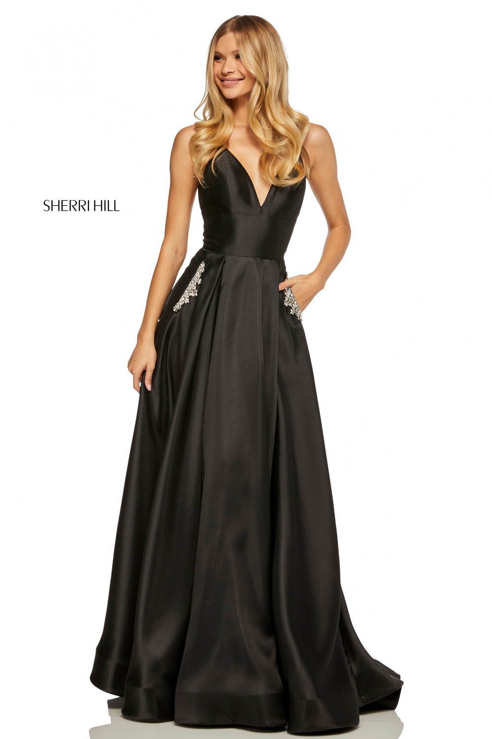 Sherri Hill 52597 prom dress images.  Sherri Hill 52597 is available in these colors: Emerald, Coral, Navy, Yellow, Red, Blush, Black, Violet, Light Blue, Mocha.