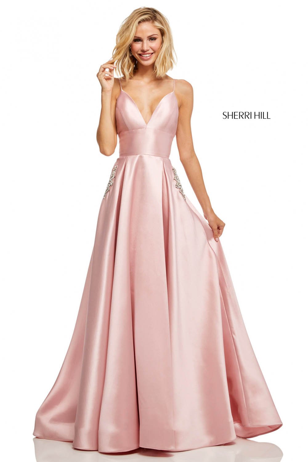 Sherri Hill 52597 prom dress images.  Sherri Hill 52597 is available in these colors: Emerald, Coral, Navy, Yellow, Red, Blush, Black, Violet, Light Blue, Mocha.