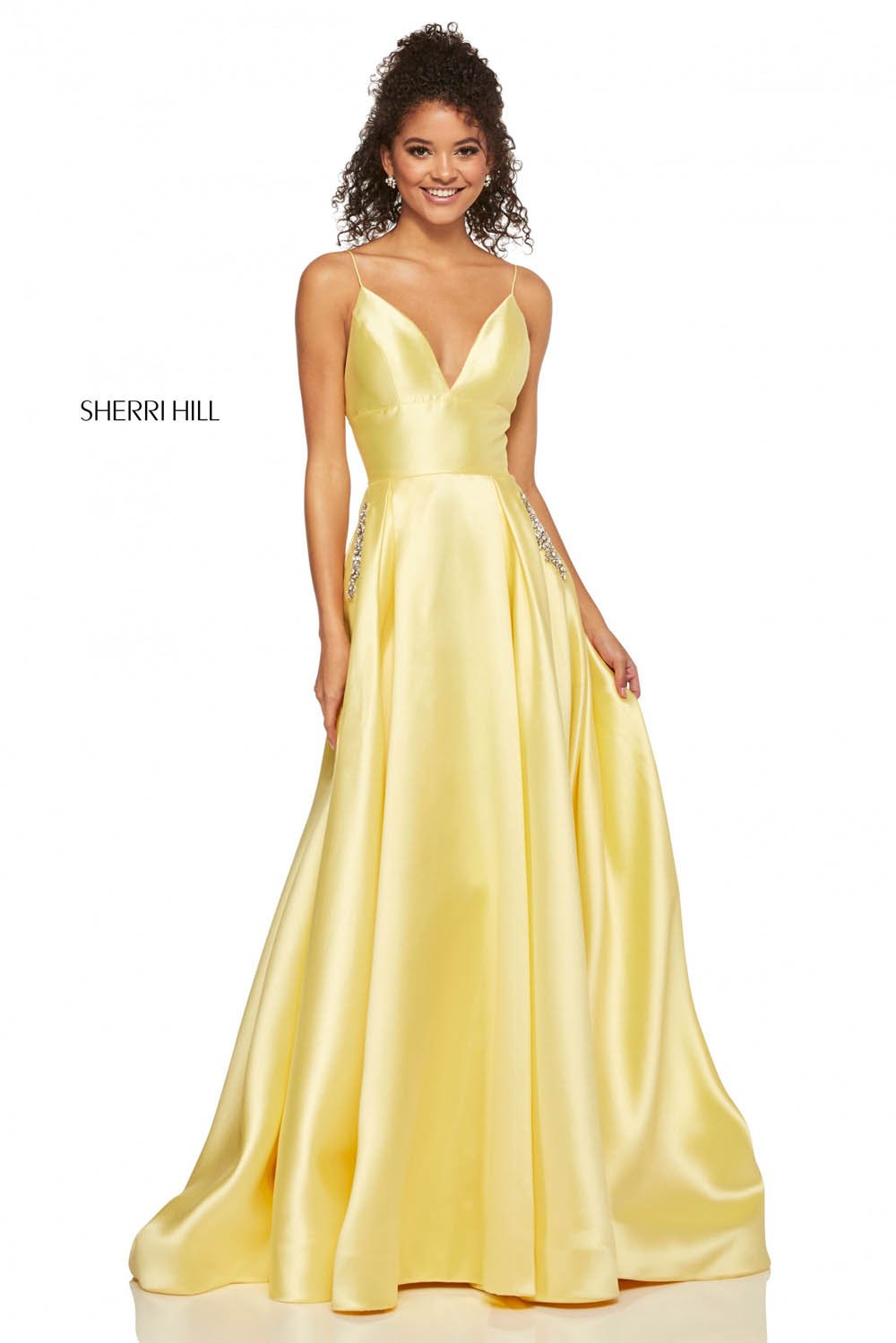 Sherri Hill 52597 prom dress images.  Sherri Hill 52597 is available in these colors: Emerald, Coral, Navy, Yellow, Red, Blush, Black, Violet, Light Blue, Mocha.