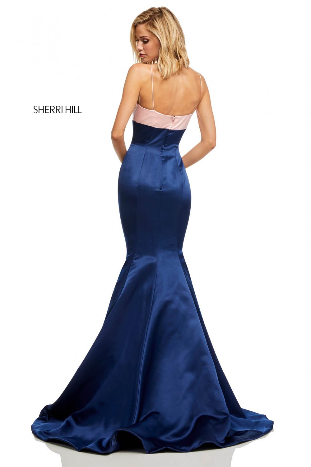 Sherri Hill 52615 prom dress images.  Sherri Hill 52615 is available in these colors: Black Fuchsia, Ivory Black, Blush Navy, Fuchsia Red, Light Blue Mocha, Ivory, Red, Emerald.