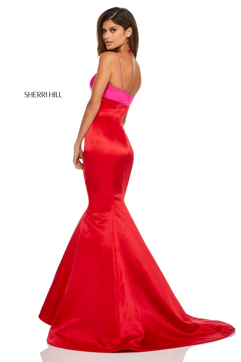 Sherri Hill 52615 prom dress images.  Sherri Hill 52615 is available in these colors: Black Fuchsia, Ivory Black, Blush Navy, Fuchsia Red, Light Blue Mocha, Ivory, Red, Emerald.