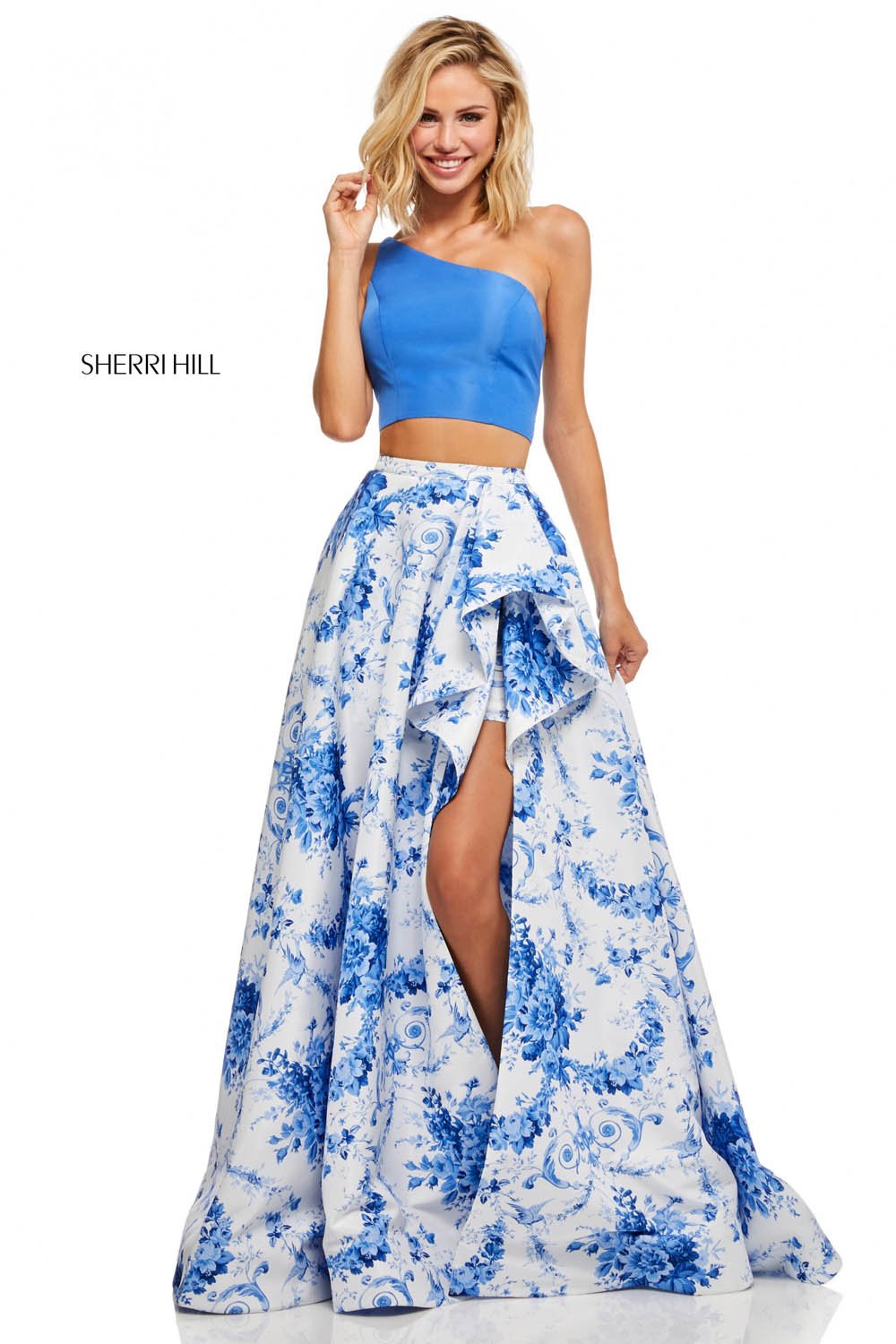 Sherri Hill 52617 prom dress images.  Sherri Hill 52617 is available in these colors: Blue Ivory Print.