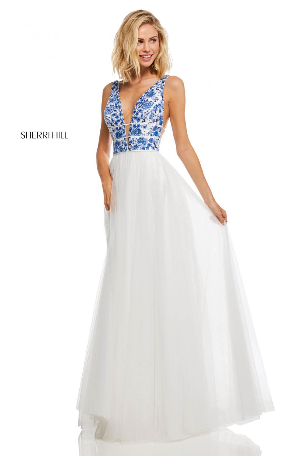 Sherri Hill 52672 prom dress images.  Sherri Hill 52672 is available in these colors: Ivory Coral, Ivory Aqua, Ivory Blue, Nude Aqua, Nude Coral, Nude Blue.