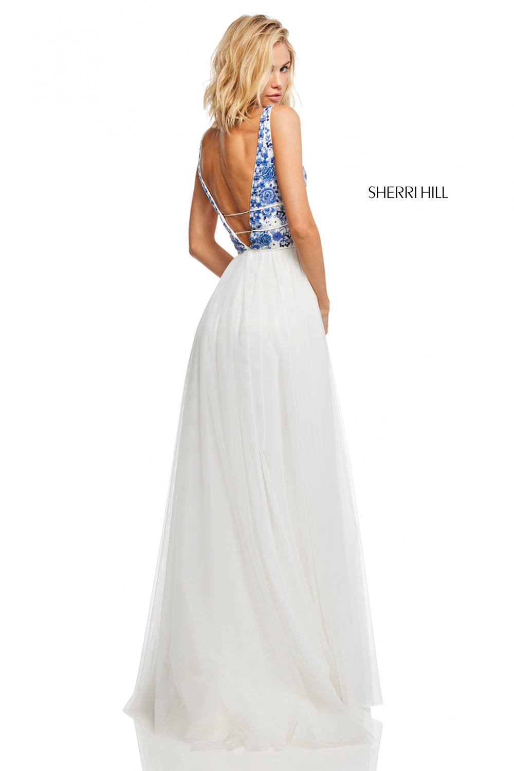 Sherri Hill 52672 prom dress images.  Sherri Hill 52672 is available in these colors: Ivory Coral, Ivory Aqua, Ivory Blue, Nude Aqua, Nude Coral, Nude Blue.