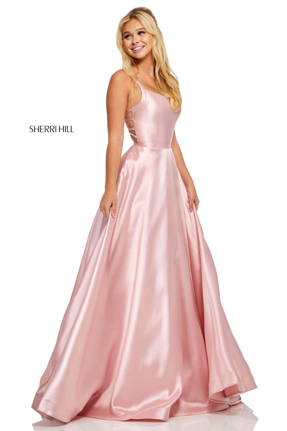 Sherri Hill 52715 prom dress images.  Sherri Hill 52715 is available in these colors: Navy, Light Purple, Yellow, Blush, Emerald, Royal, Purple, Orange, Red, Berry.