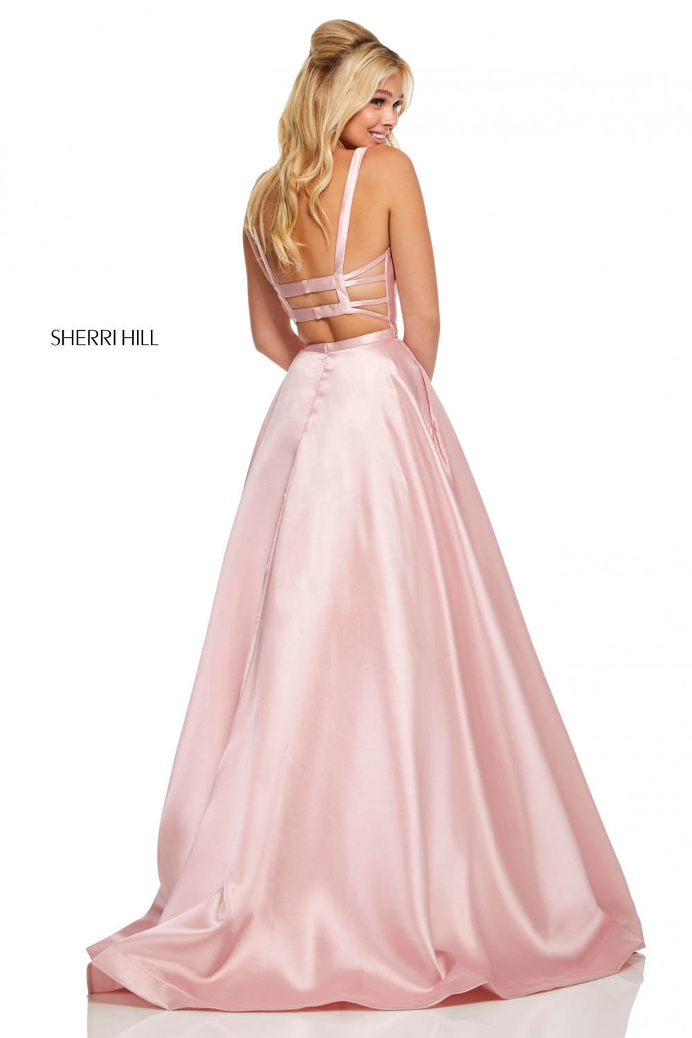 Sherri Hill 52715 prom dress images.  Sherri Hill 52715 is available in these colors: Navy, Light Purple, Yellow, Blush, Emerald, Royal, Purple, Orange, Red, Berry.