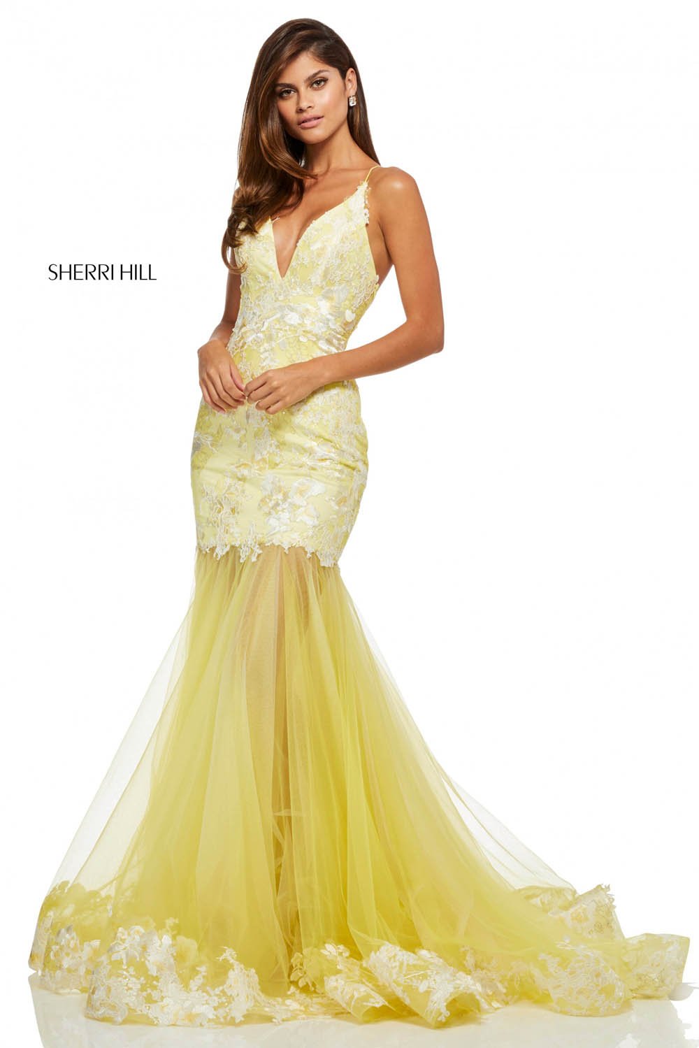 Sherri Hill 52741 prom dress images.  Sherri Hill 52741 is available in these colors: Yellow, Ivory, Light Blue, Light Green, Coral.