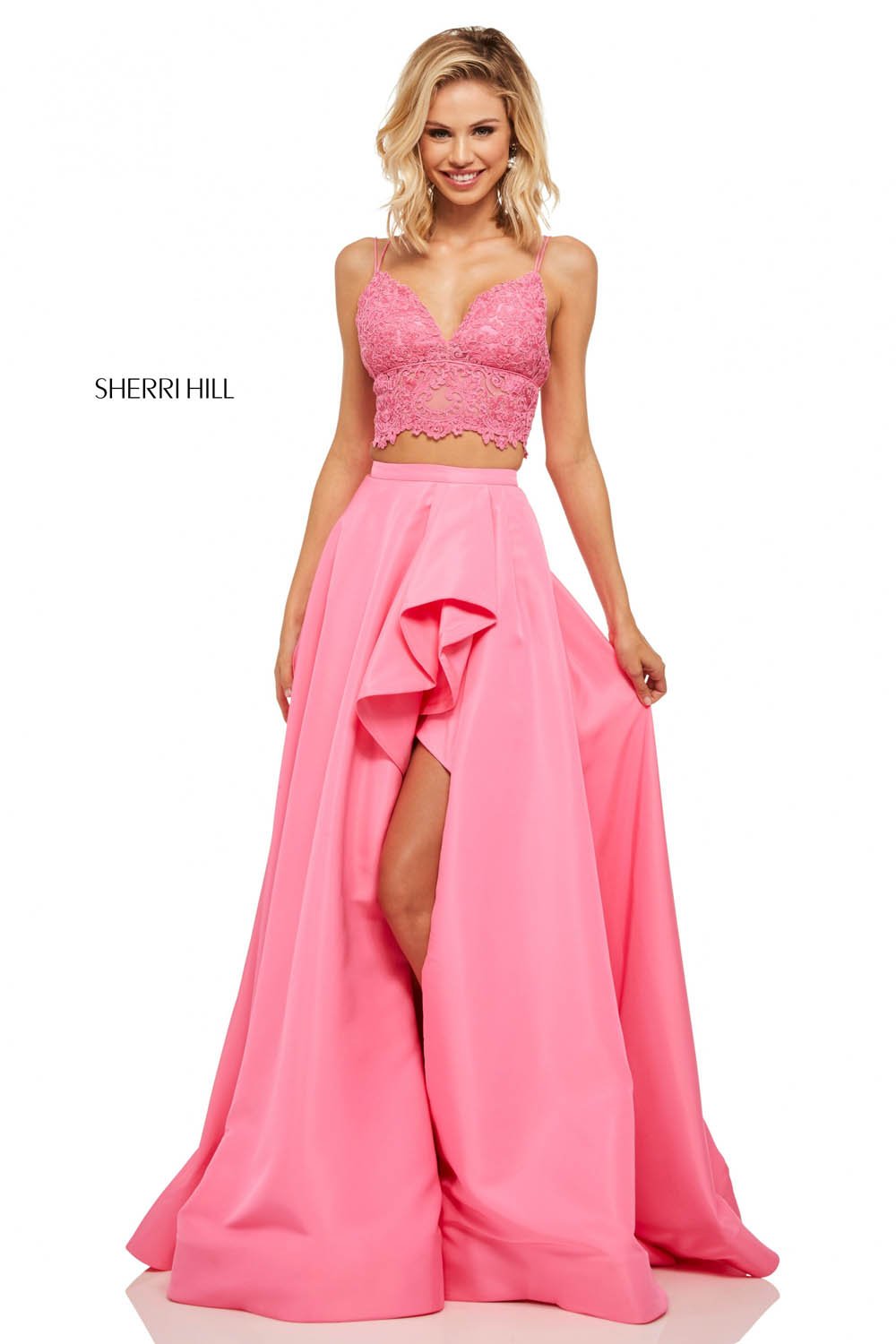 Sherri Hill 52754 prom dress images.  Sherri Hill 52754 is available in these colors: Yellow, Bright Pink, Ivory, Light Blue, Lilac, Red, Aqua.